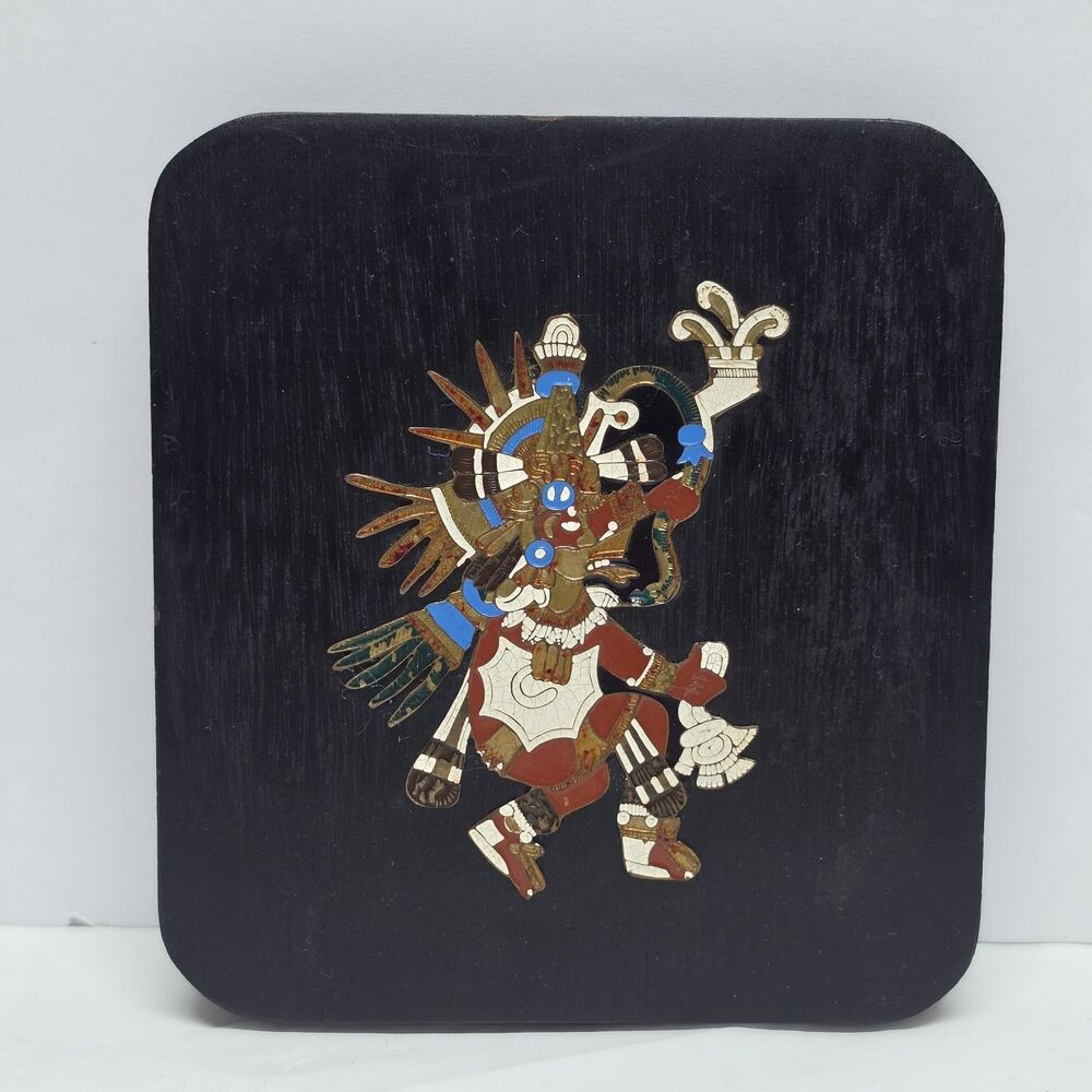 Vintage Mexican Wooden Plaque Enameled Quetzalcoatl God Of Wind Aztec Mayan Art